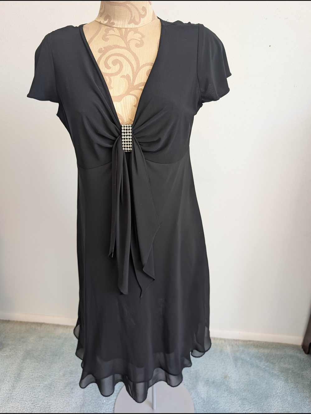 R&M Richards Black Dress with V-Neck and Rhinestone Detail